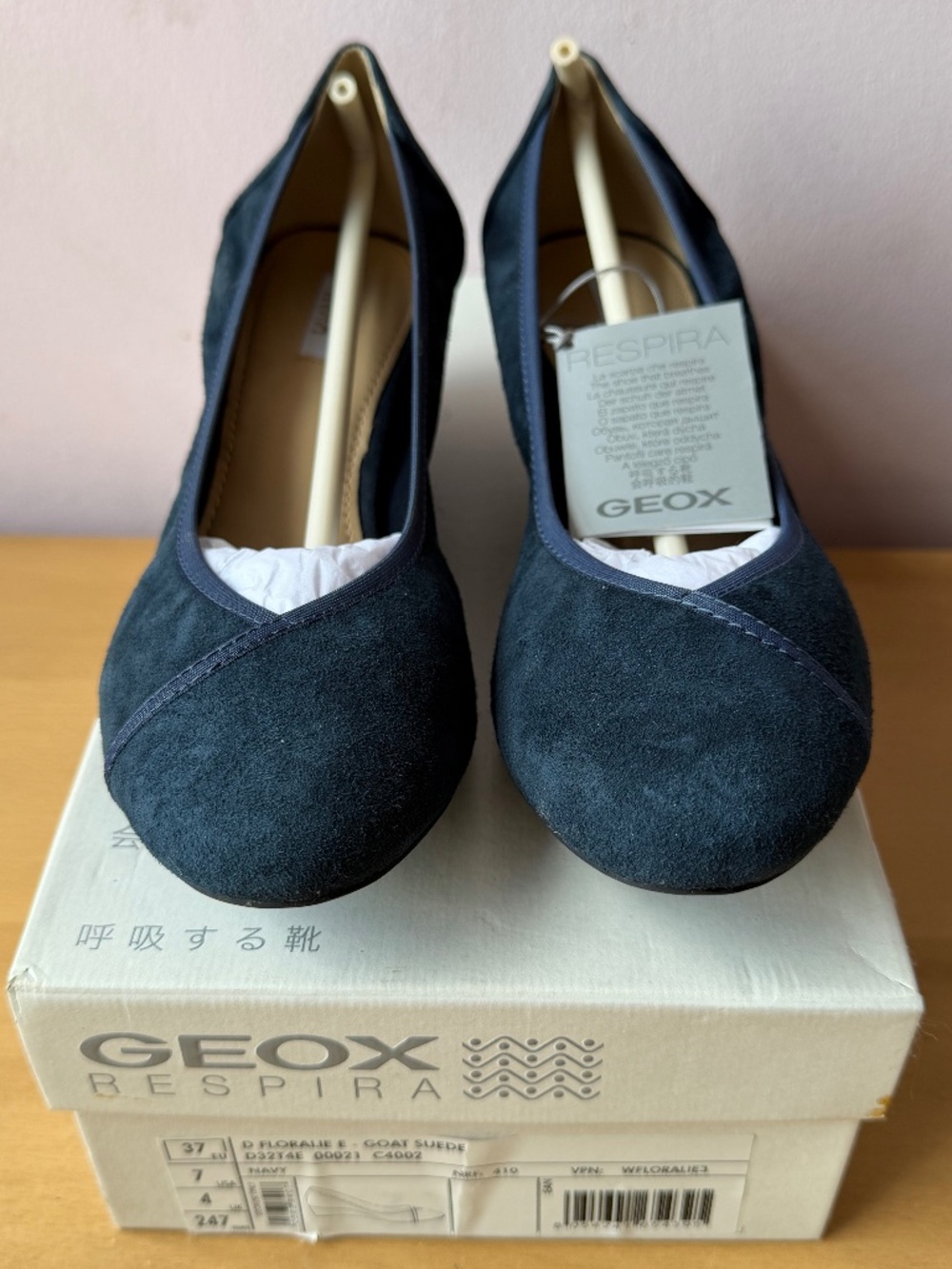 GEOX RESPIRA FLORALIE NAVY BLUE SUEDE BROWN WEDGE SHOES BUT AND NEW IN BOX